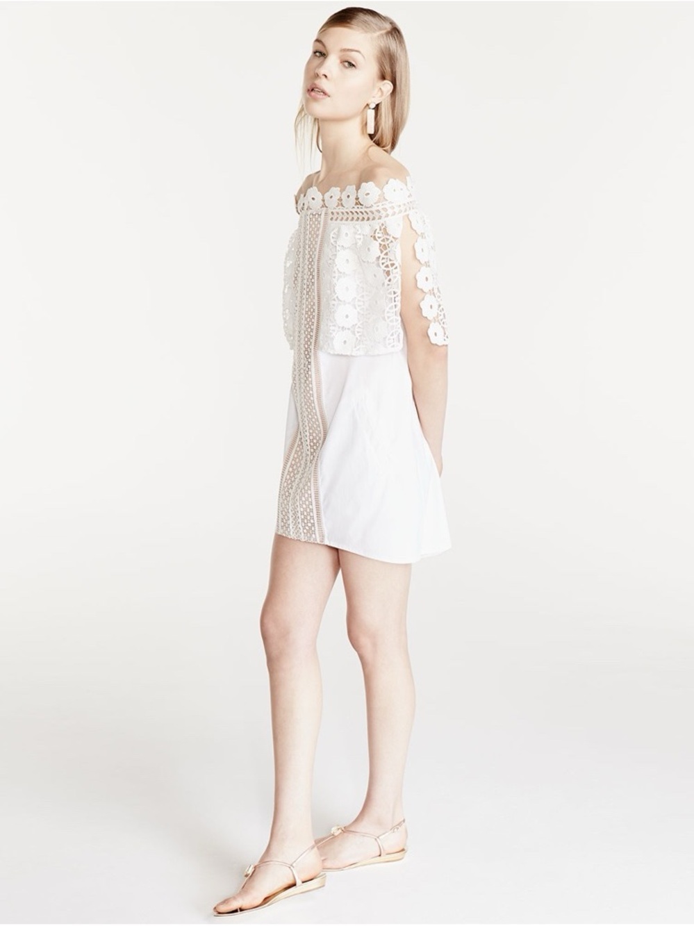 Self-Portrait White Serena Poplin Lace Off-the-Shoulder Mini Dress - US 2 (XS) - Picture 4 of 8